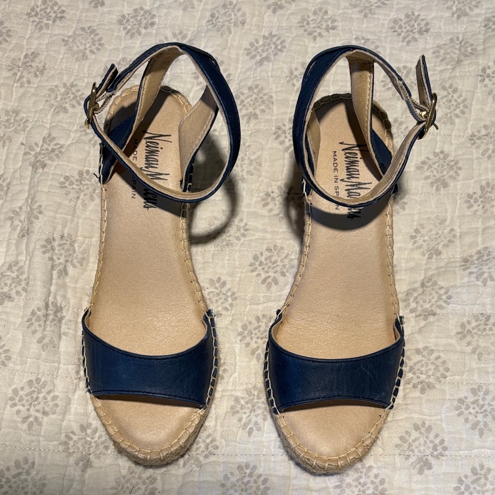 Neiman Marcus Navy Leather Ankle-Strap Espadrille Sandals